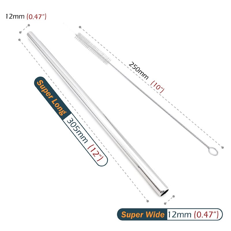 GFDesign Super Big Drinking Straws Set 12" Extra Long 1/2" Extra Wide Reusable 304 Food-Grade 18/8 Stainless Steel for Frozen Drinks Boba Bubble Tea Smoothies and Shakes - Set of 2 with 2 Cleaning Brushes - Image 2